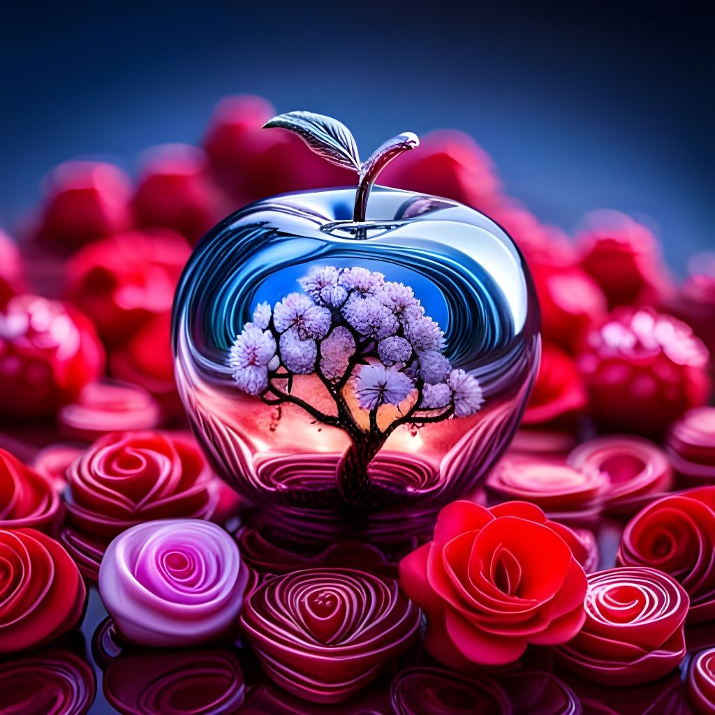 Glass Apple with Tree and Roses in Cosmic Setting