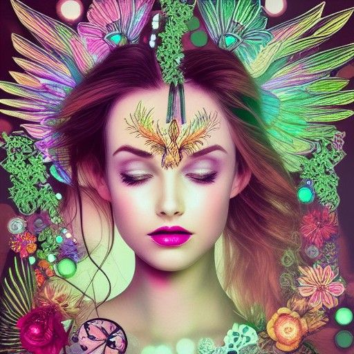 Ethereal Woman Portrait with Floral and Gear Elements