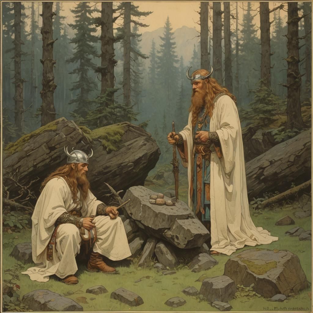 Nordic Viking Shaman Carving Runes in Forest