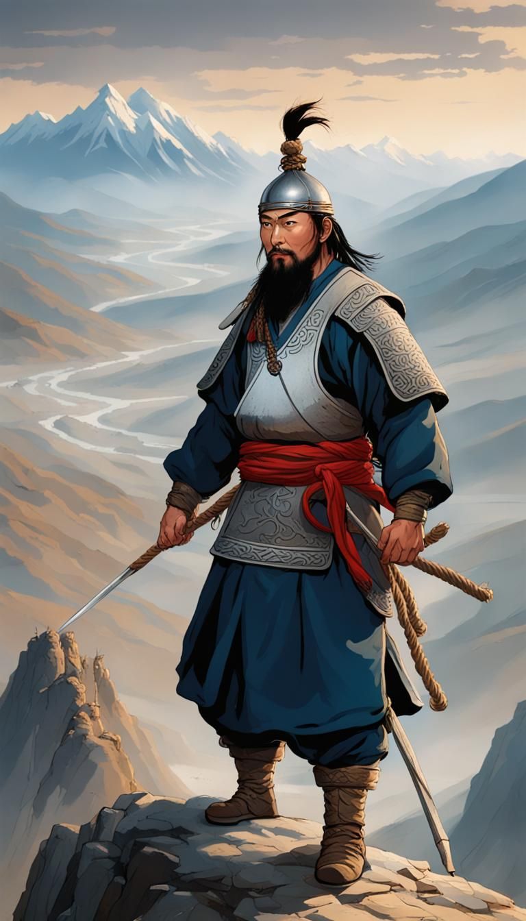 Mongol Warrior Surveys Landscape from Mountain Top