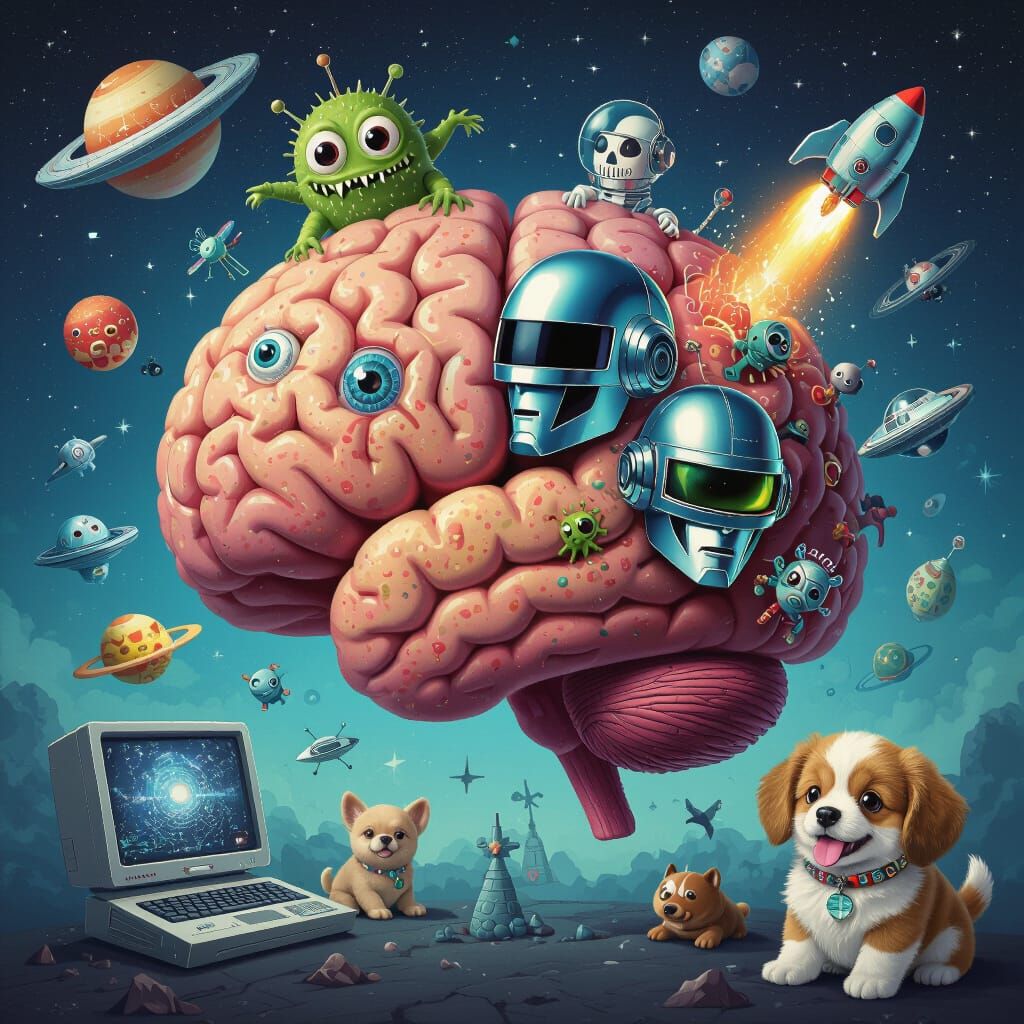 Surreal Human Brain with Monsters and Spaceships