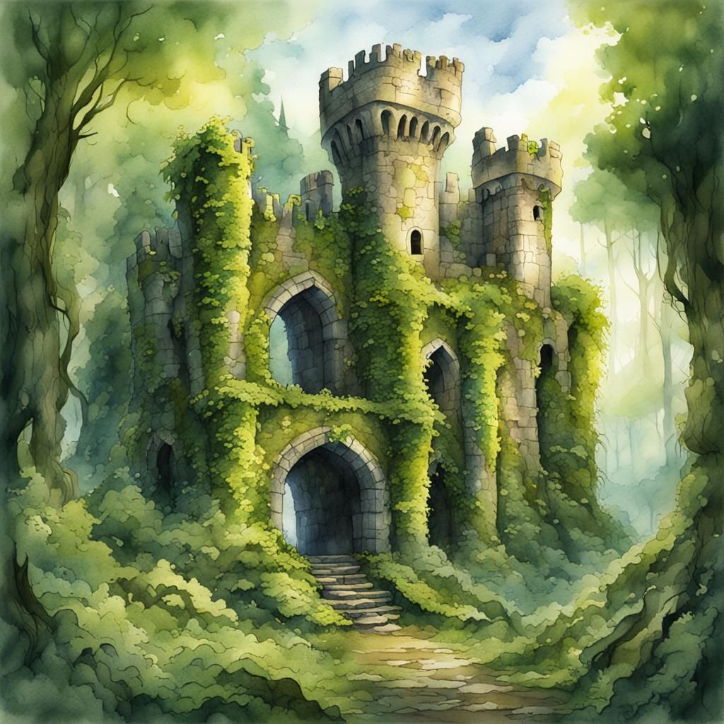 Moss Covered Castle Ruins in Watercolor Style