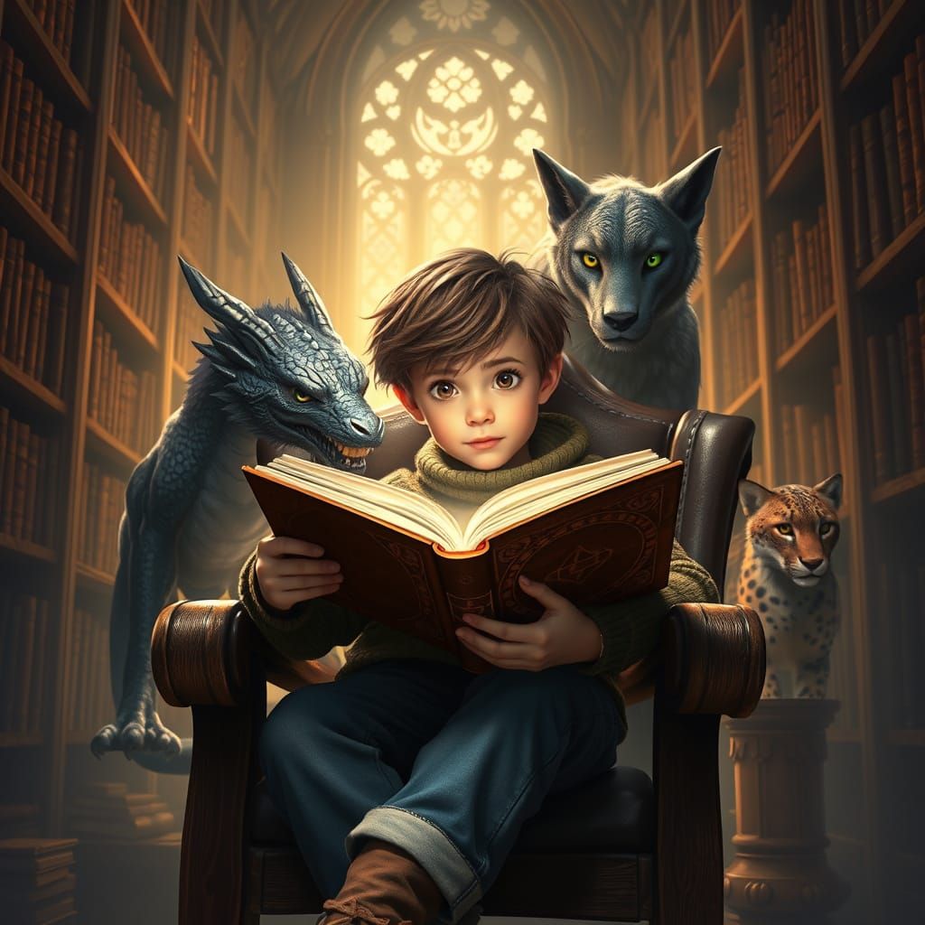 Mystical Boy Surrounded by Fantastical Creatures in a Golden...