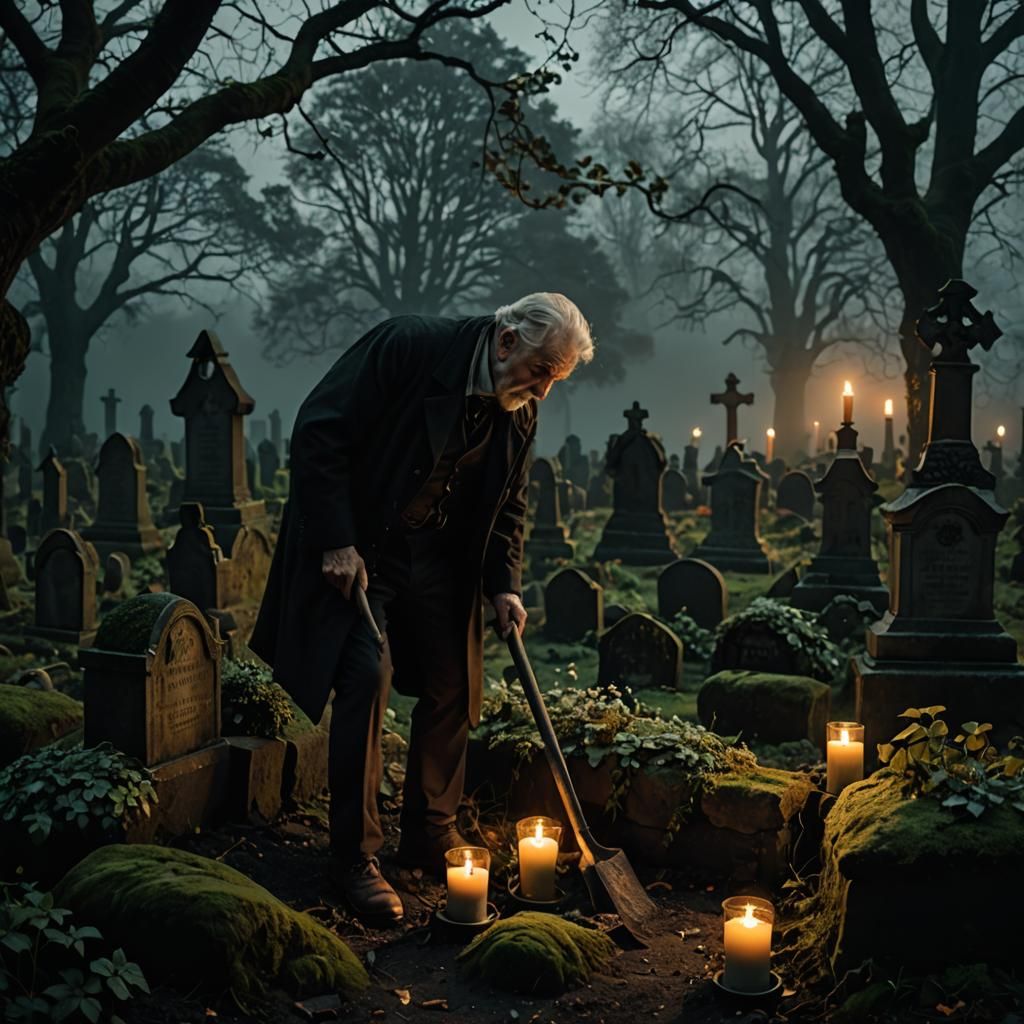 Gothic Realism: Old Man Digging Grave at Dusk