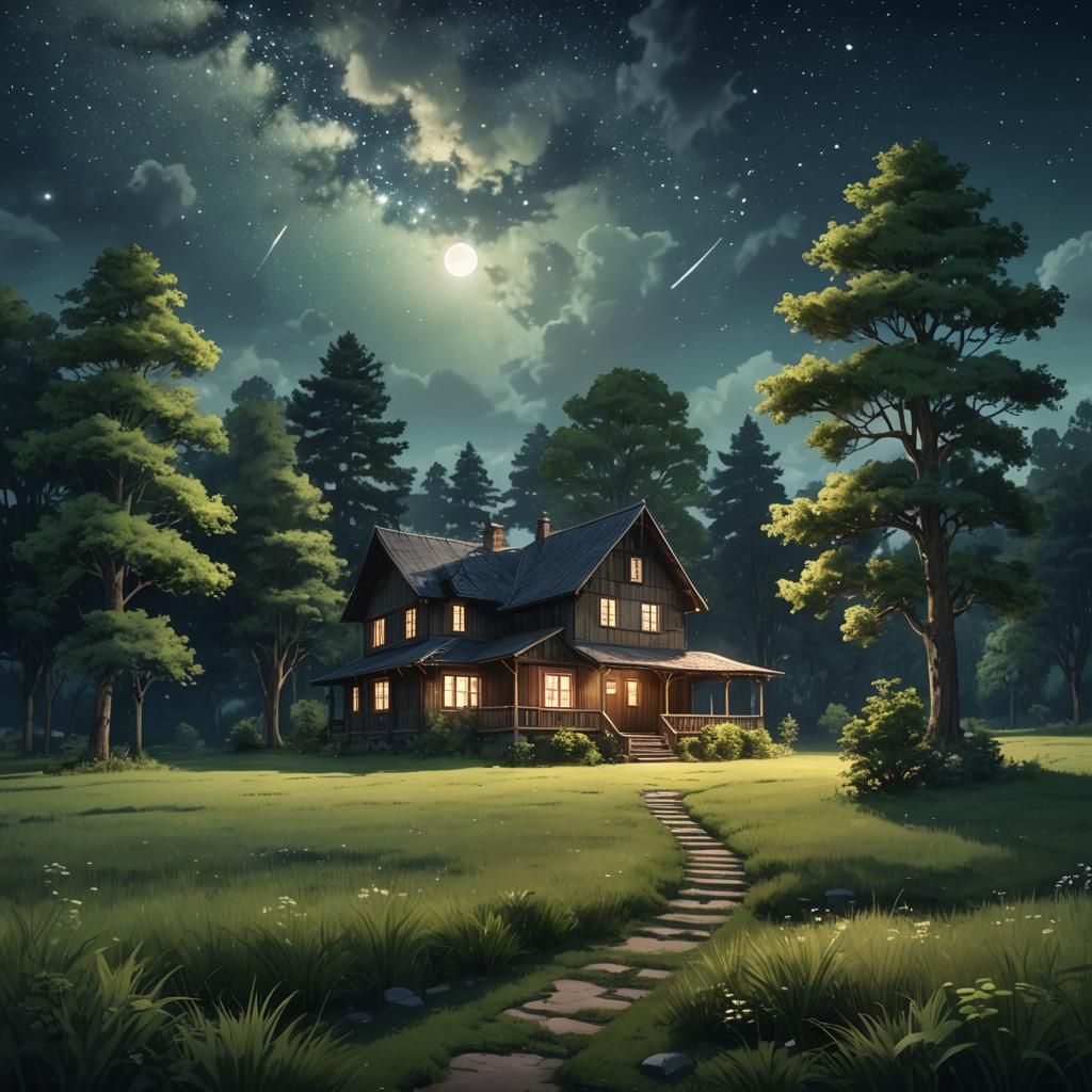 Quaint House Under Starry Sky in Anime Style