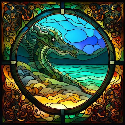 Stained Glass Sea Serpent Fantasy Landscape