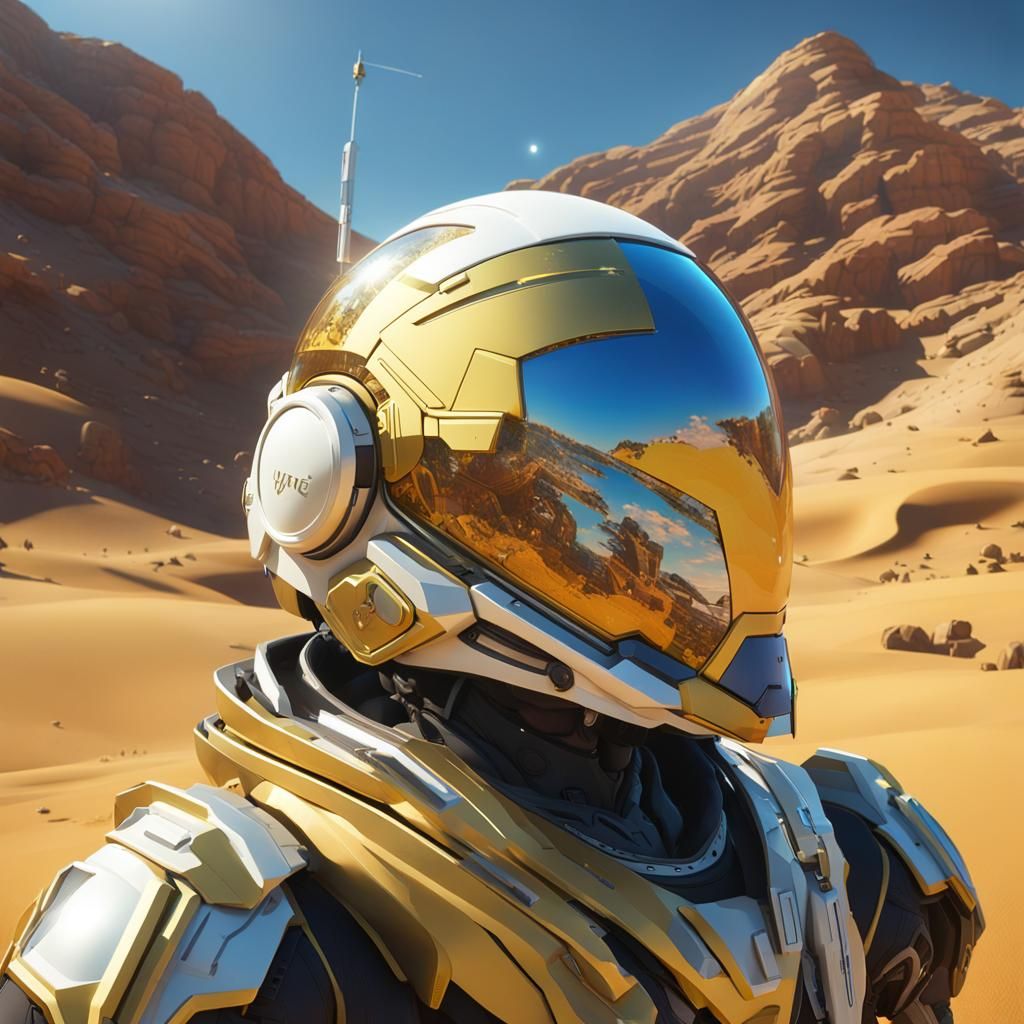 Futuristic Helmet on Desert Planet, Digital Art