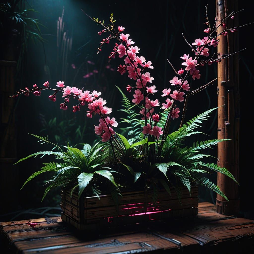 Cyberpunk Ikebana Arrangement with Neon Cherry Blossoms