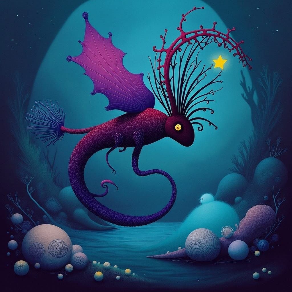 Iridescent Deep Sea Creature in Bioluminescent Landscape