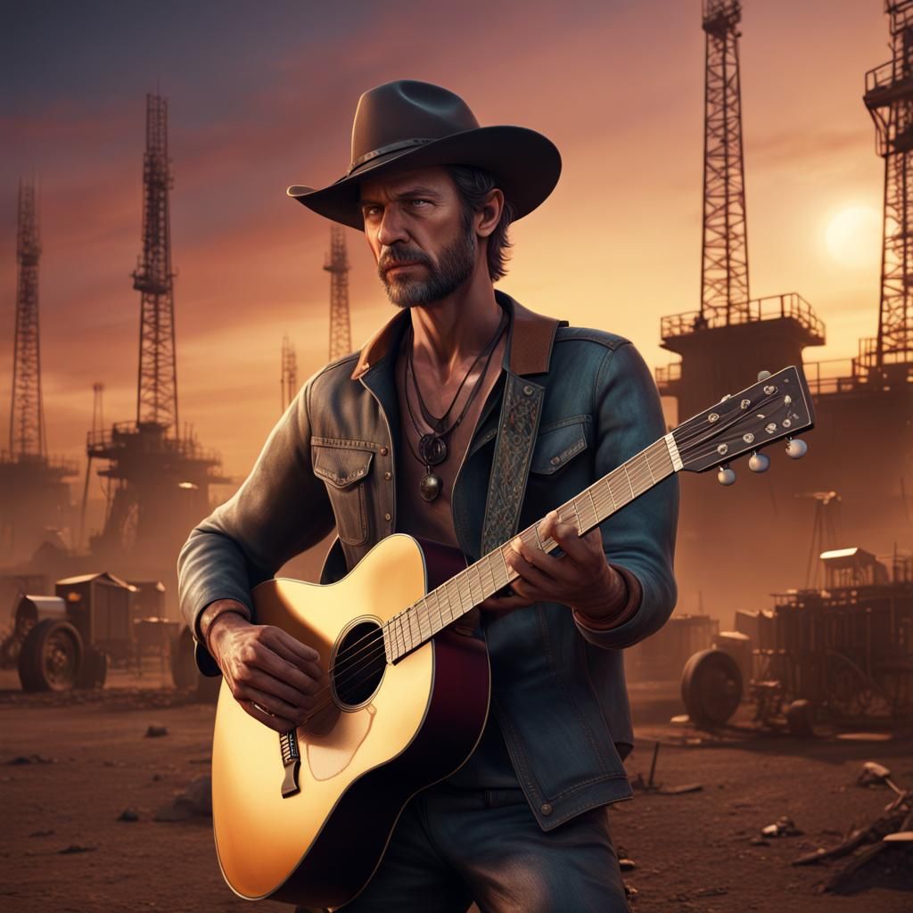 Country Singer at Oil Field: Detailed Matte Painting