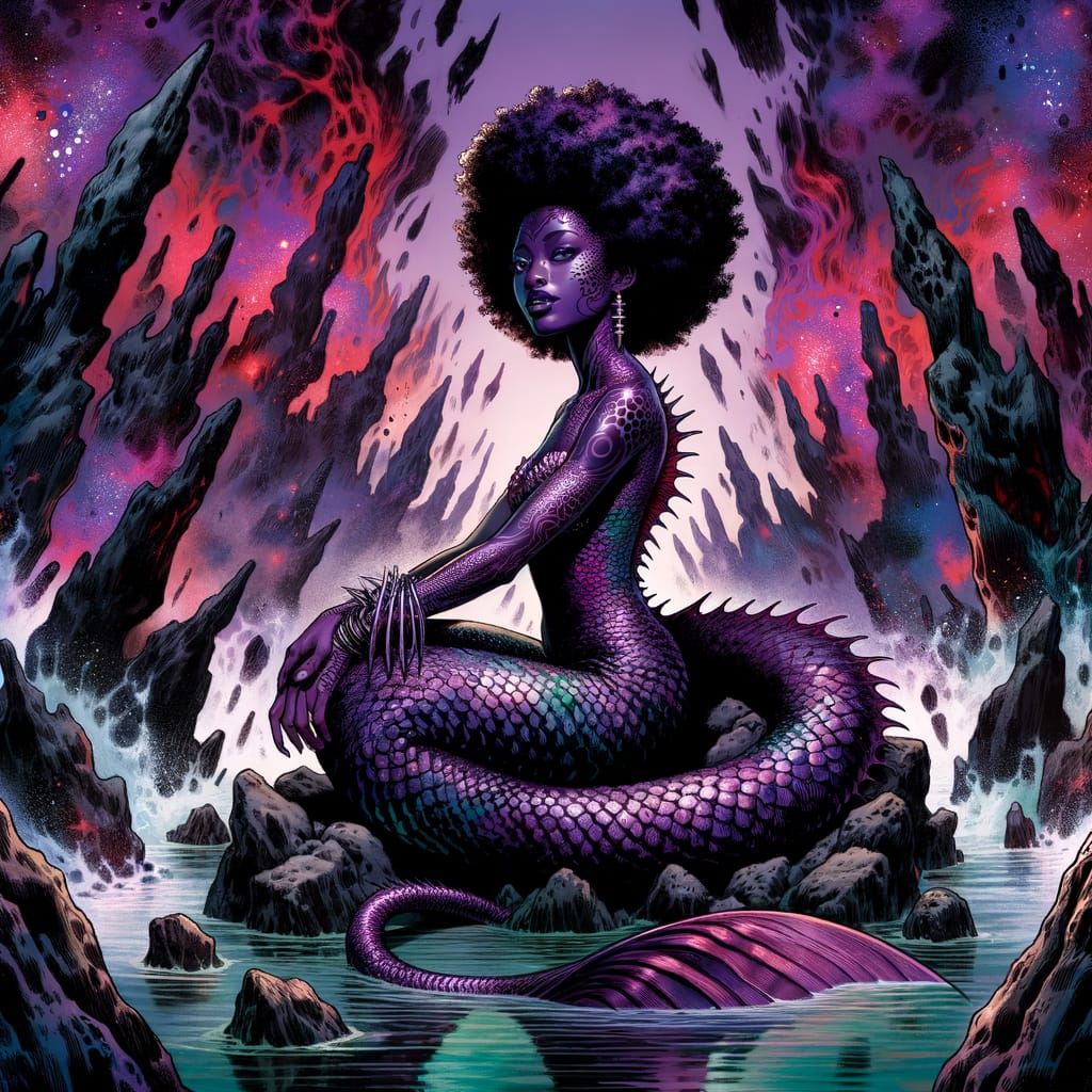 Siren of Dark Dreams in Psychedelic Nightmare Landscape