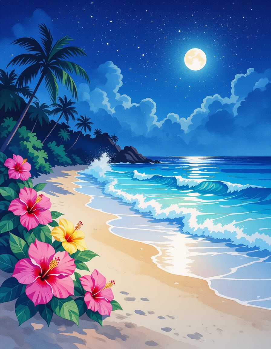 Bioluminescent Beach with Crystal Hibiscus: Watercolor Splas...