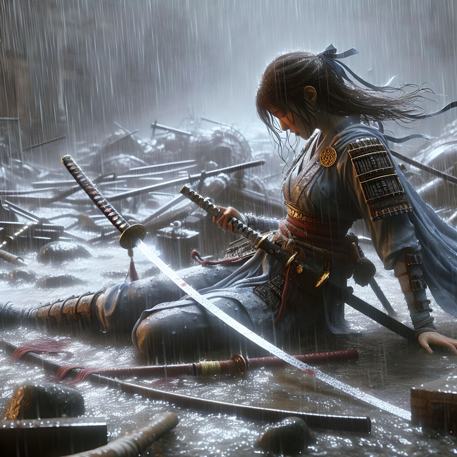 Defeated Warrior in Japanese Animation Style