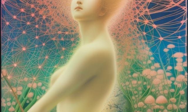 Stargazing Platform Amidst Flowers and Mycelium