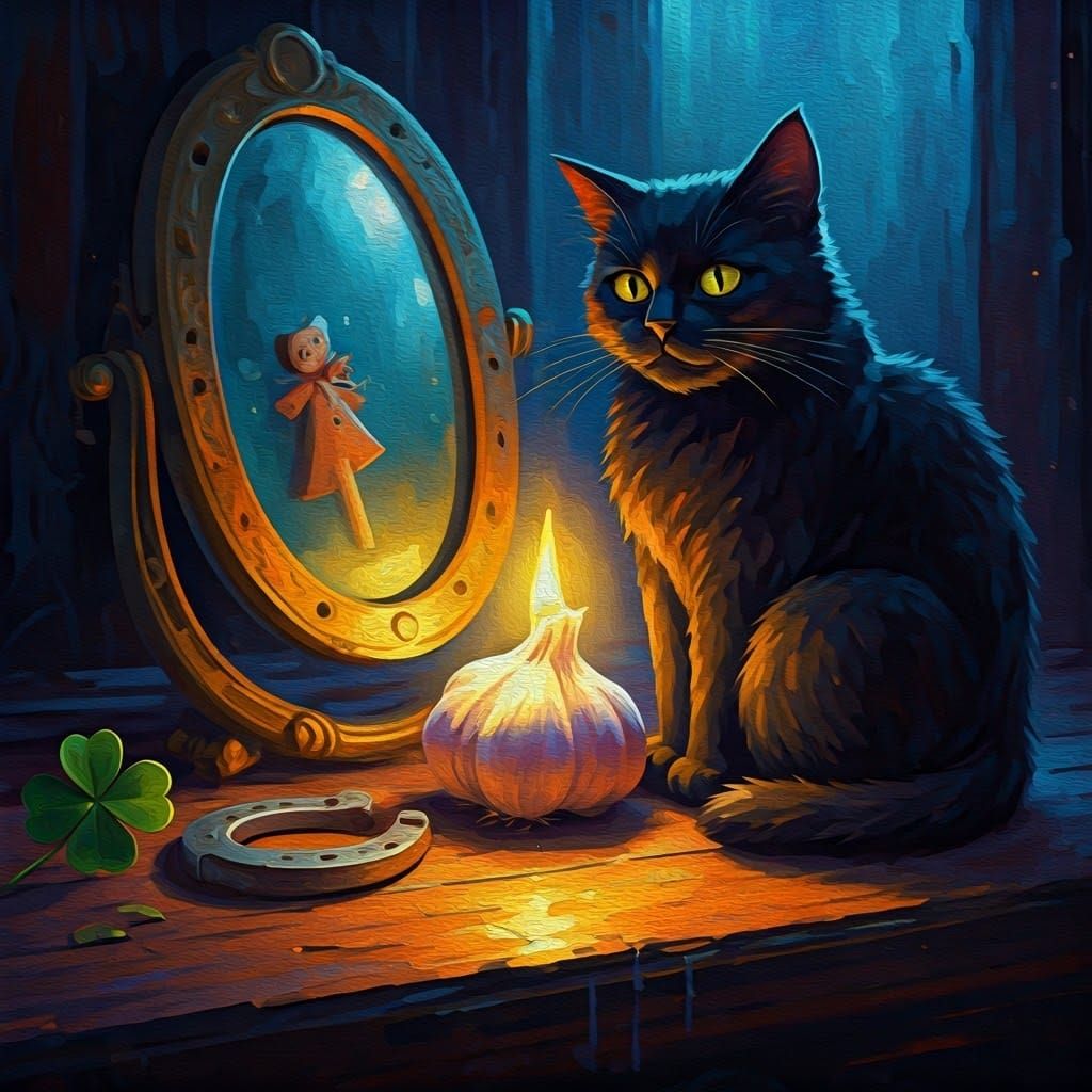 Mystical Lucky Charms with Black Cat, Neo-Expressionist Styl...