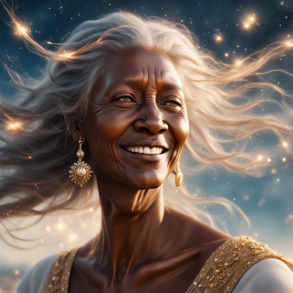 Smiling Grandmother Goddess in Ethereal Sky