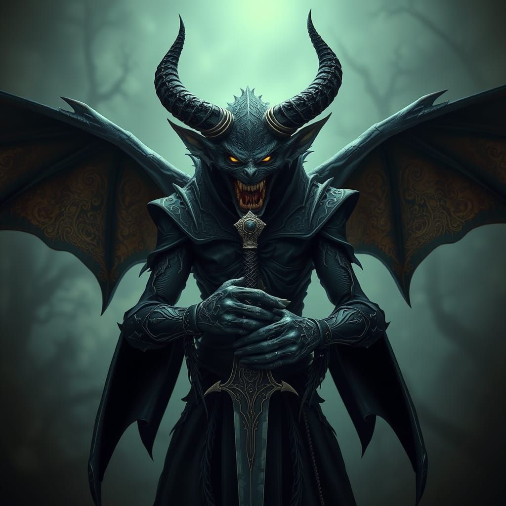 Menacing Winged Creature in Dark Gothic Scene