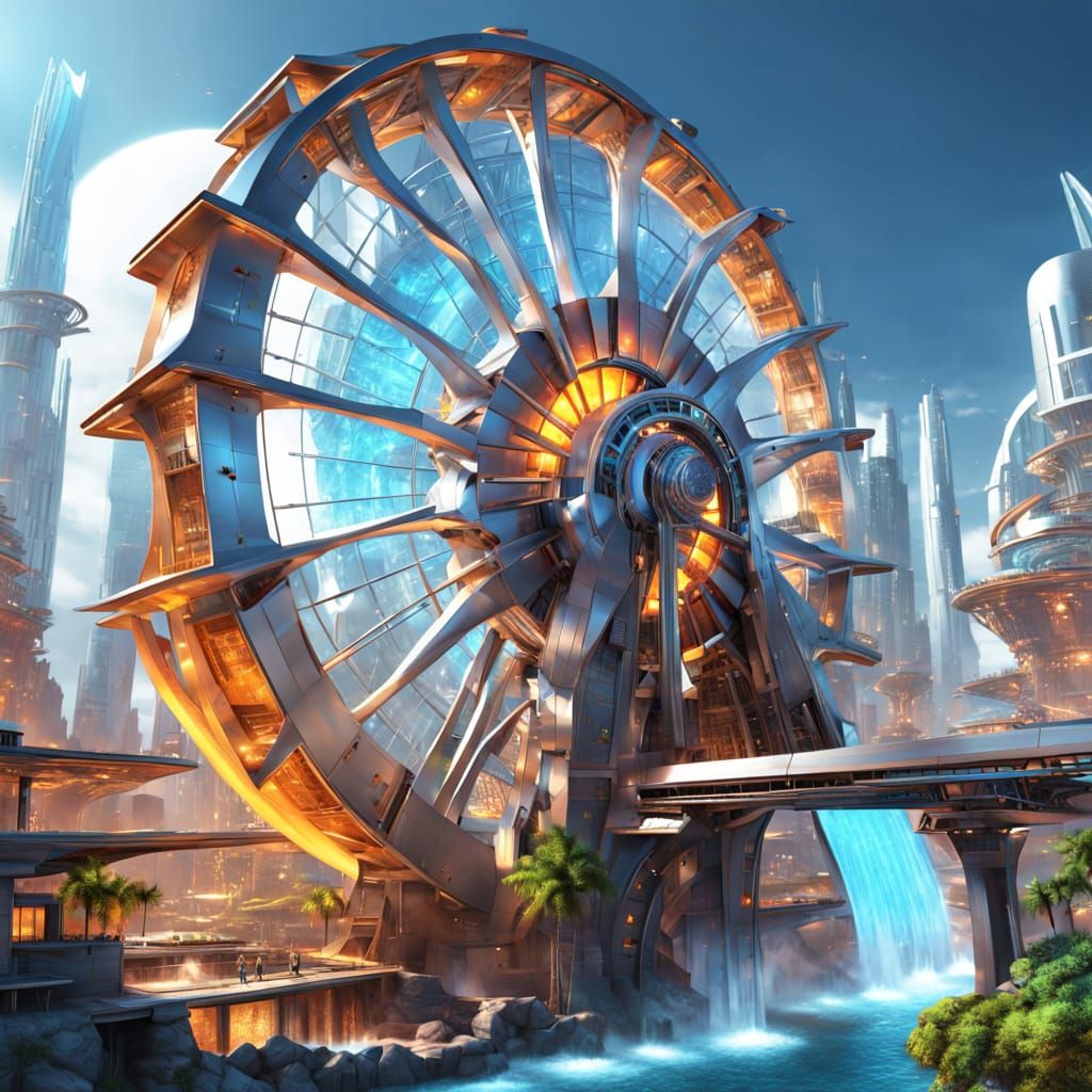 Sleek Futuristic Waterwheel Powers Utopian Cityscape