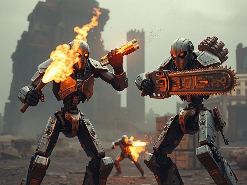 Robots Battle with Chainsaw and Flamethrower