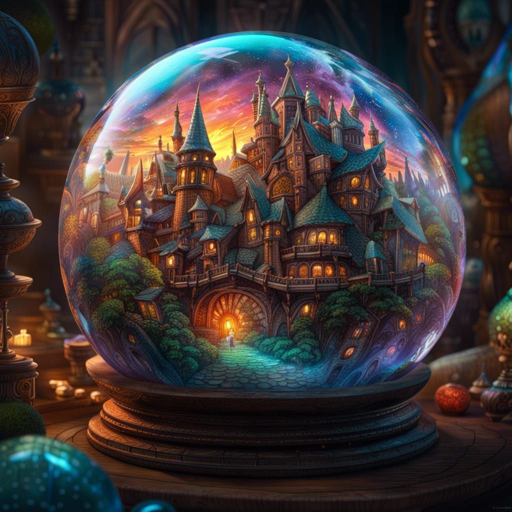 Fantasy World in Glass Sphere, Digital Illustration
