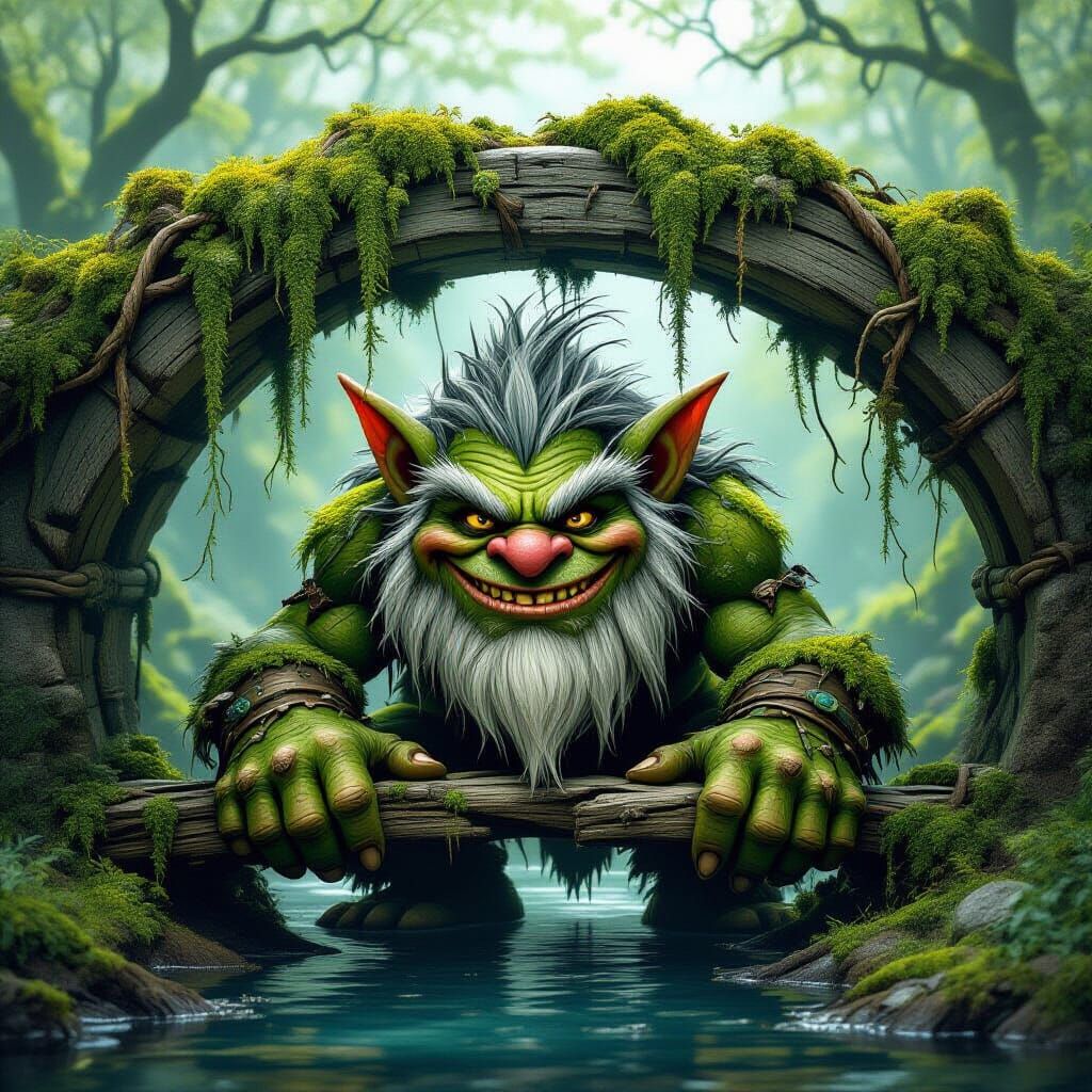 Mischievous Moss Troll Under Rickety Bridge in Dark Fantasy ...