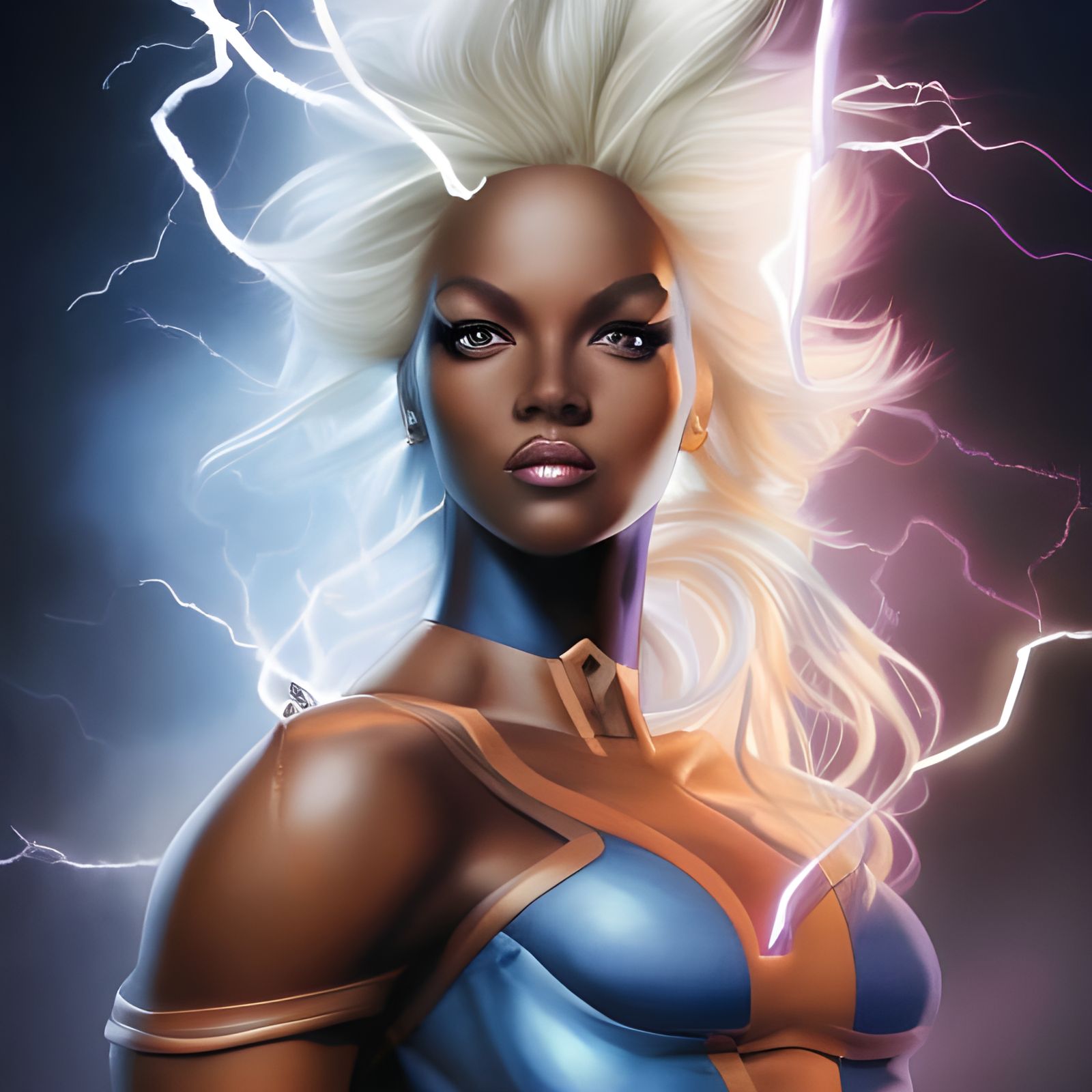 Electric X-Men Storm Portrait in Hyperrealistic Style