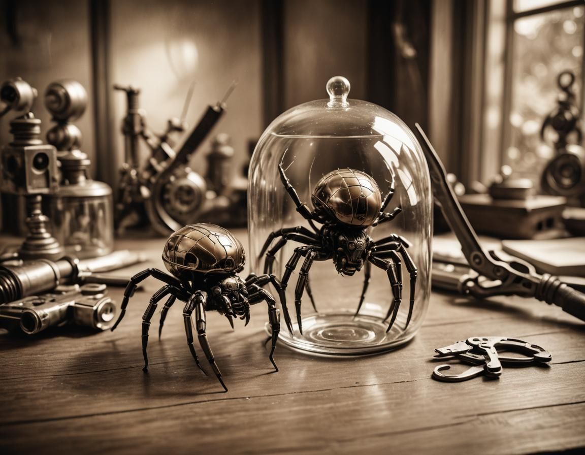 Mecha-Spider in Bell Jar: Giger-esque Sepia Photo