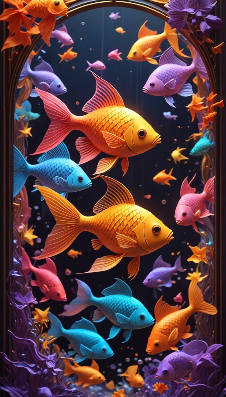 Rainbow Origami Fish Stained-Glass Mural