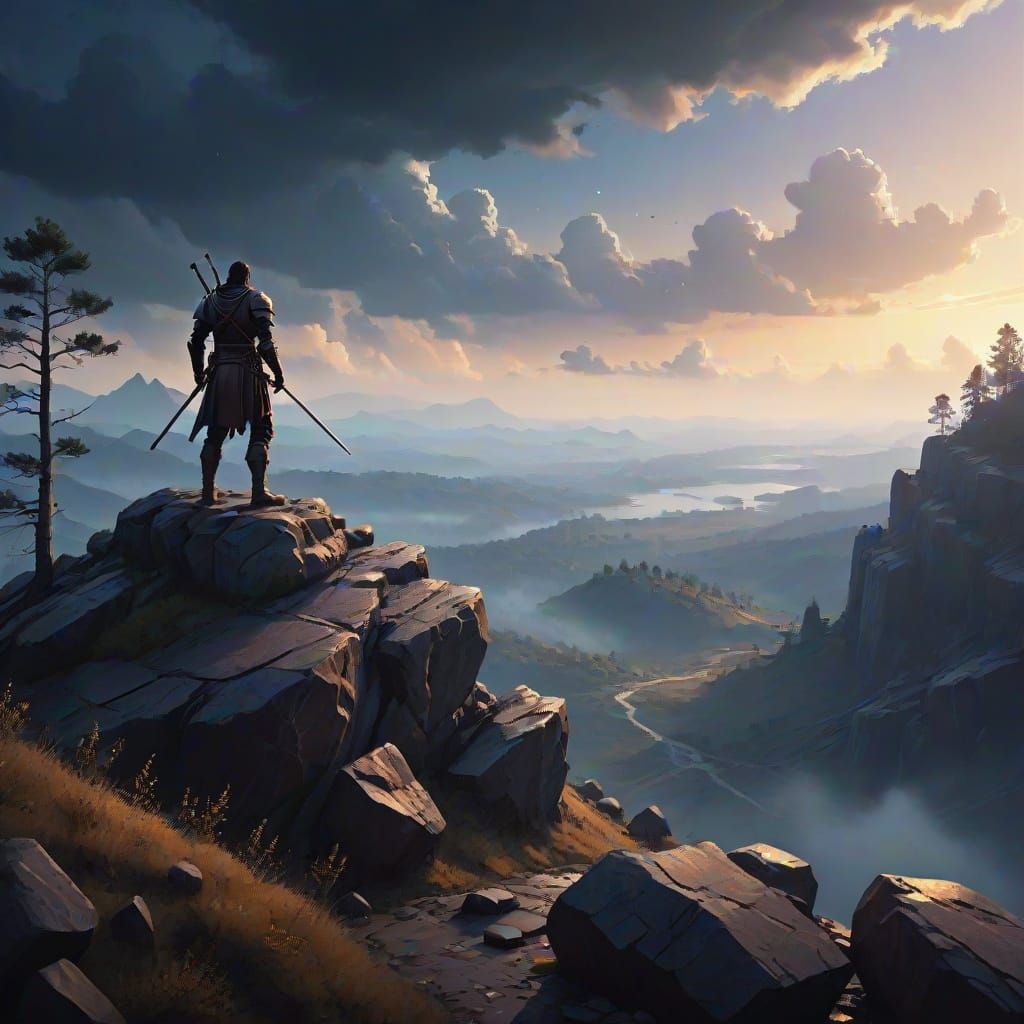 Dramatic Film Still of Lone Figure in Rugged Landscape