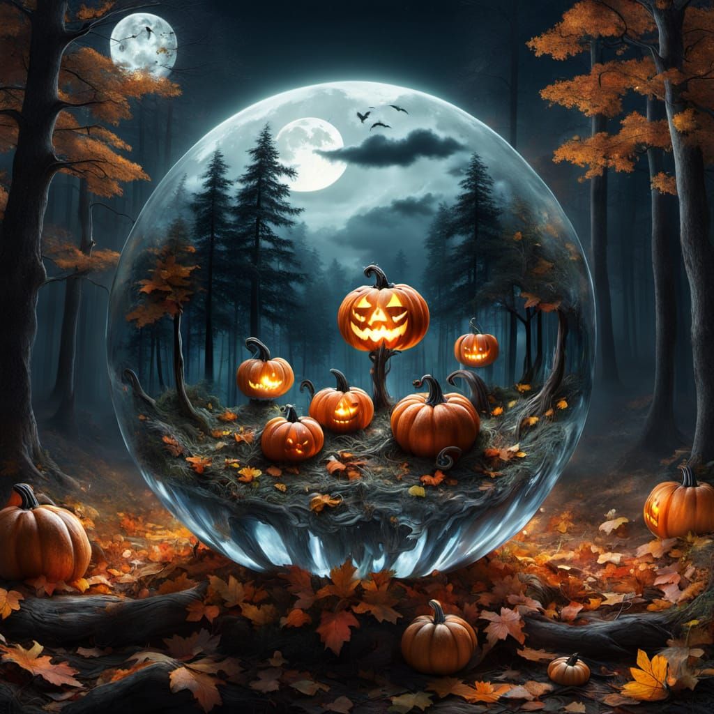 Crystal Ball Pumpkin on Forest Floor Under Full Moon