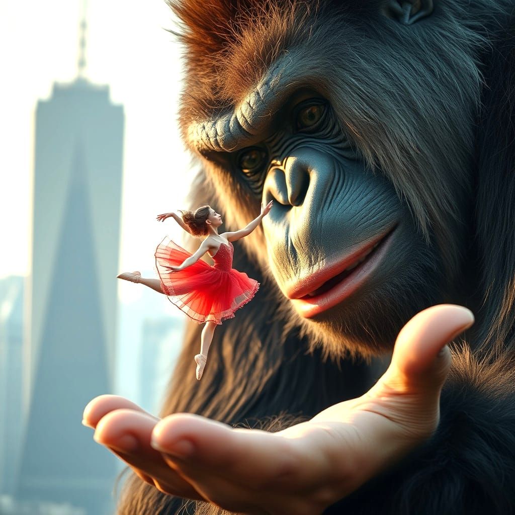 Giant's Gentle Moment with Tiny Ballerina