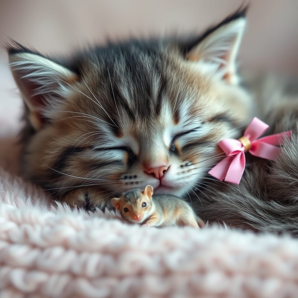 Adorable Kitten Sleeps Peacefully with Tiny Mouse Companion