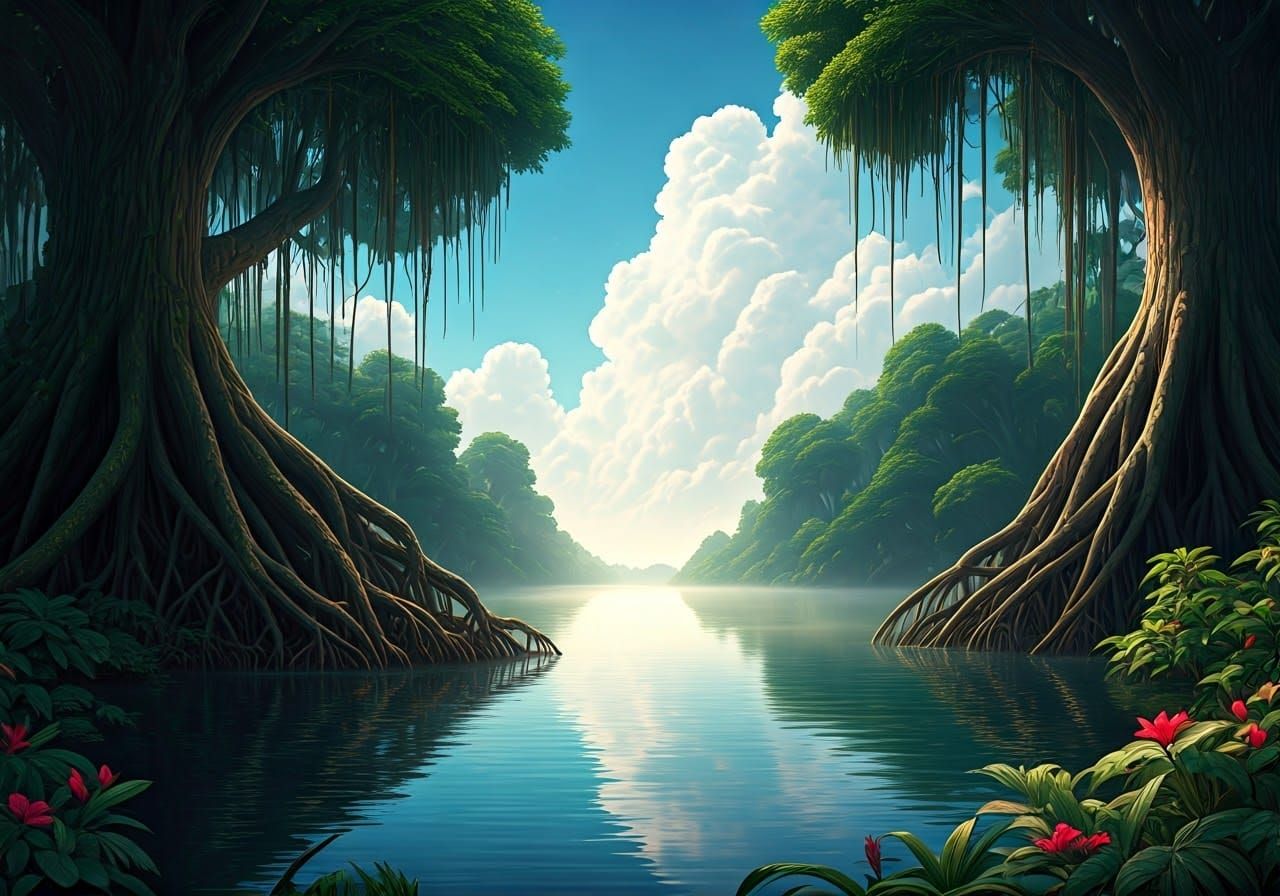 Surreal Rainforest Oasis in Digital Matte Painting Style