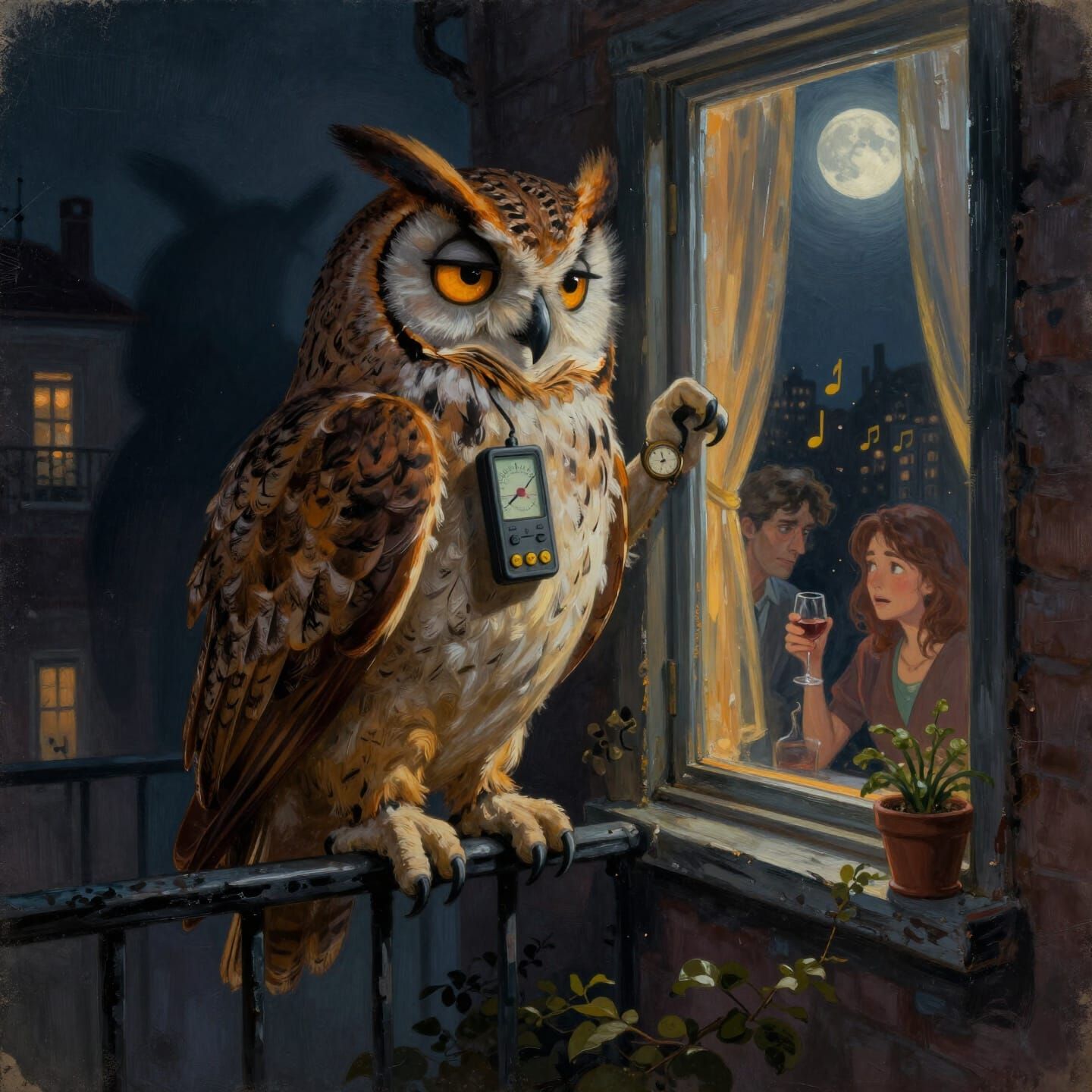 Whimsical Owl Complains About Noise on Balcony