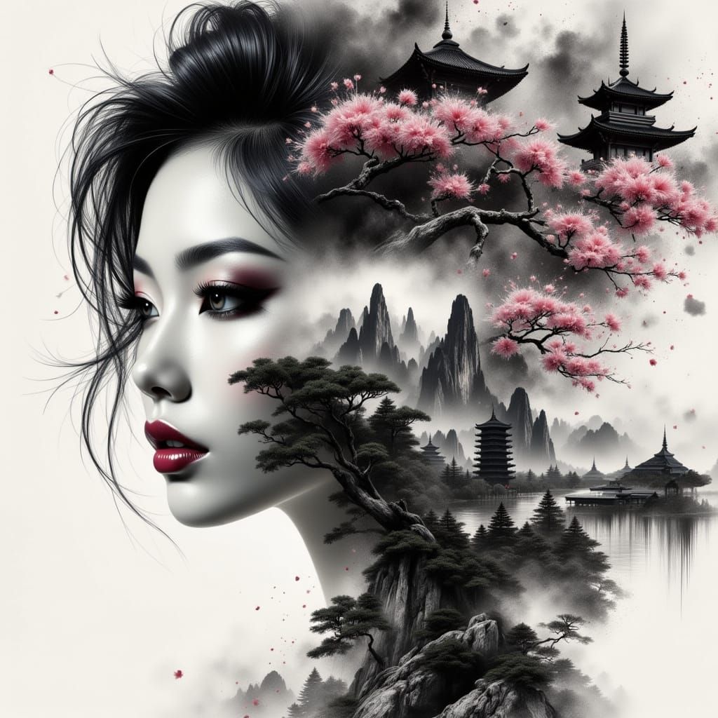Surreal Geisha Portrait Amidst Vibrant Asian Landscape in Ch...