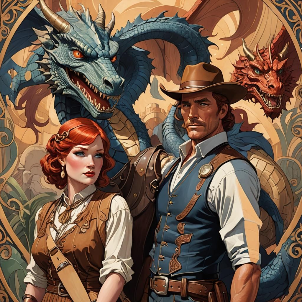 Cowboy and Vargas Girl with Art Deco Dragon