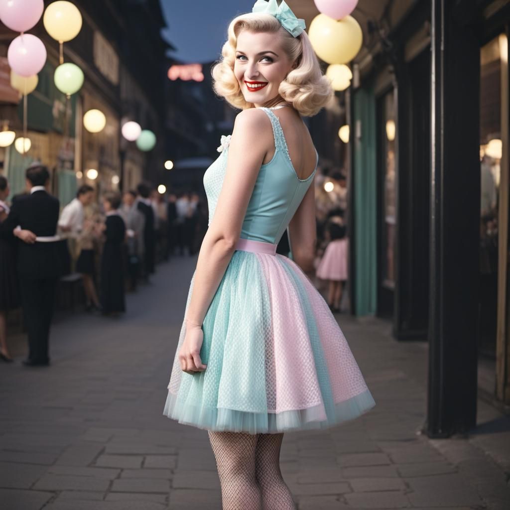 Woman in Pastel Dress with Cheeky Grin