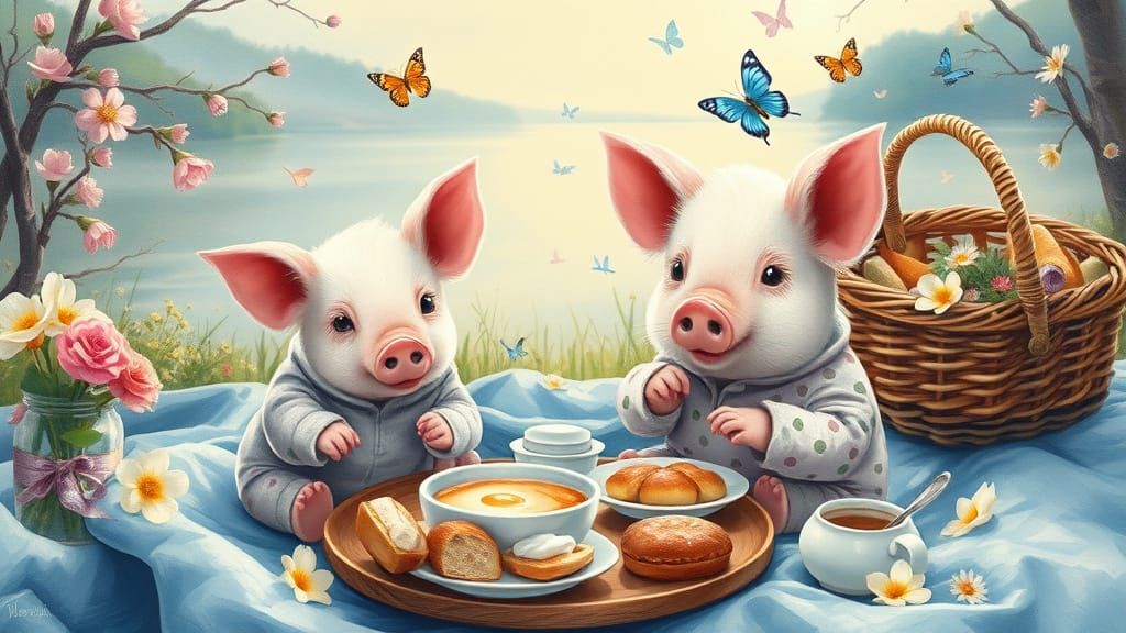 Miniature Pigs' Lakeside Picnic: An Impasto Painting