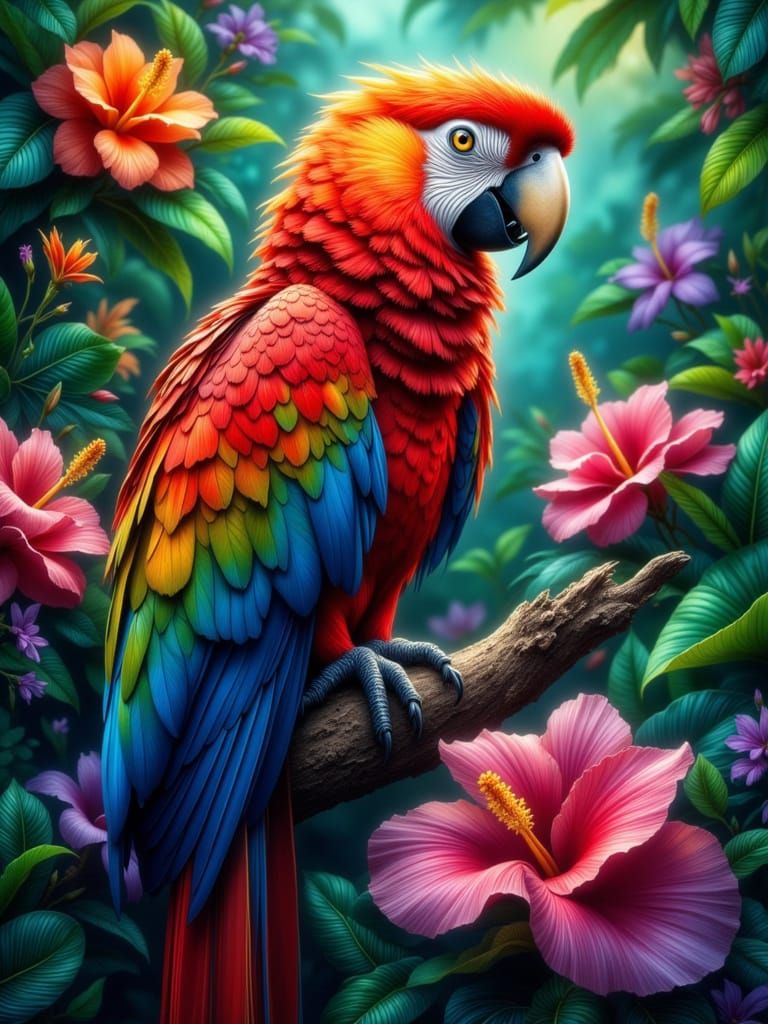 Scarlet Macaw in a Lush Rainforest: Digital Illustration