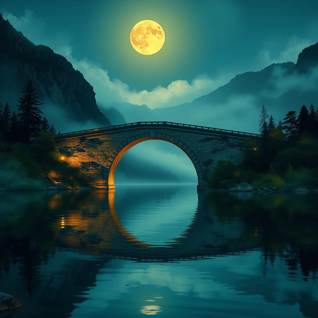 Moonlit Serenity: Stone Bridge Reflects in a Tranquil Lake