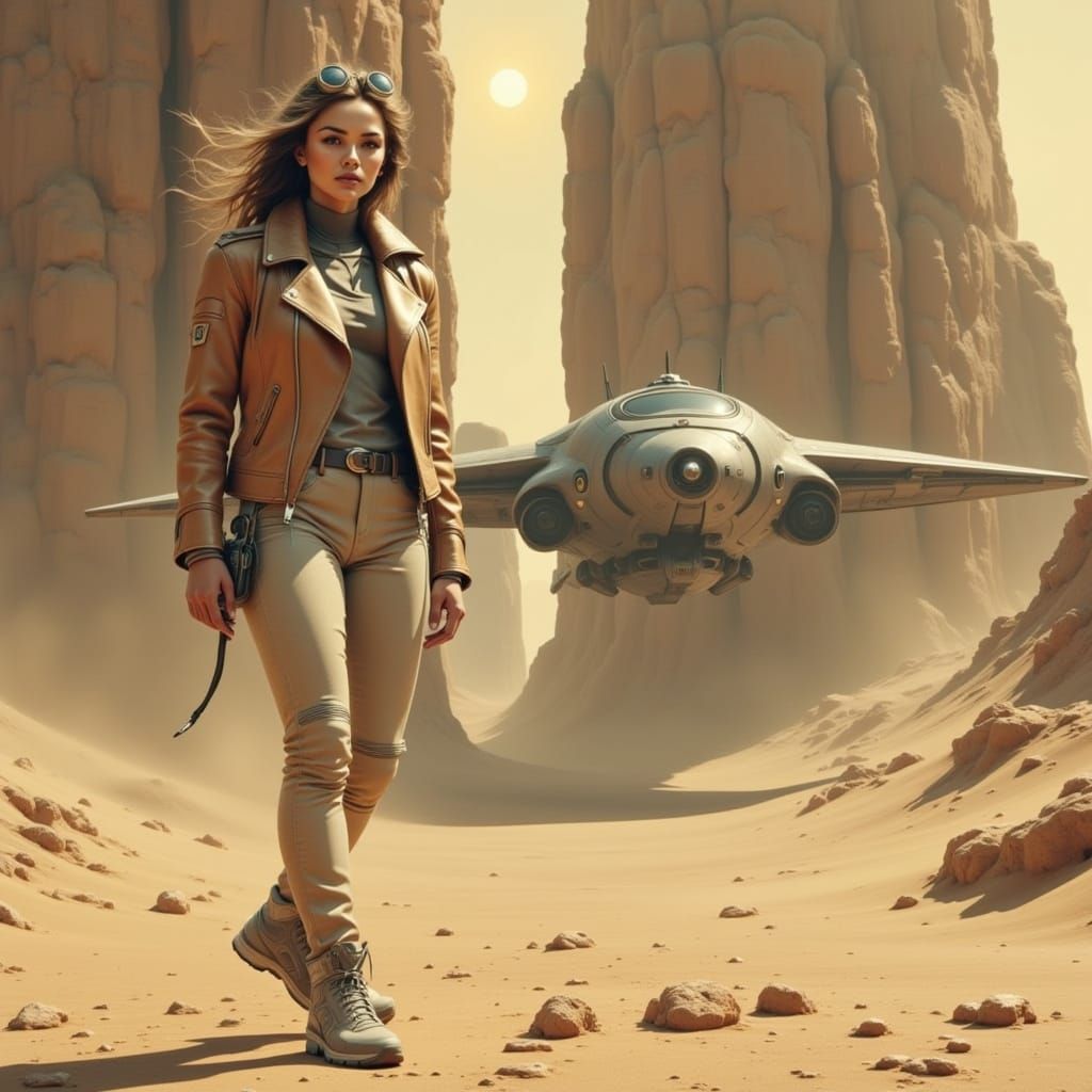 Sci-Fi Pilot on Desert Planet in Digital Art Style