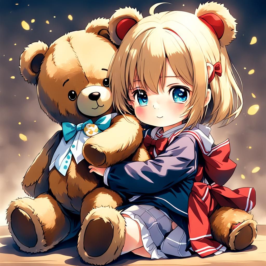 Cute Girl with Teddy Bear in Anime Style