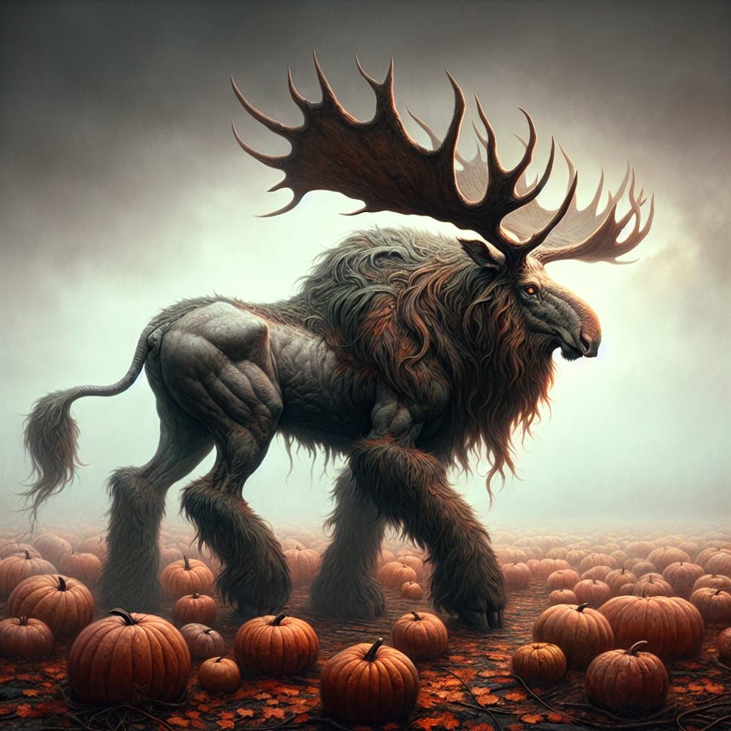 Mystical Moose-Buffalo Creature in Autumn Twilight