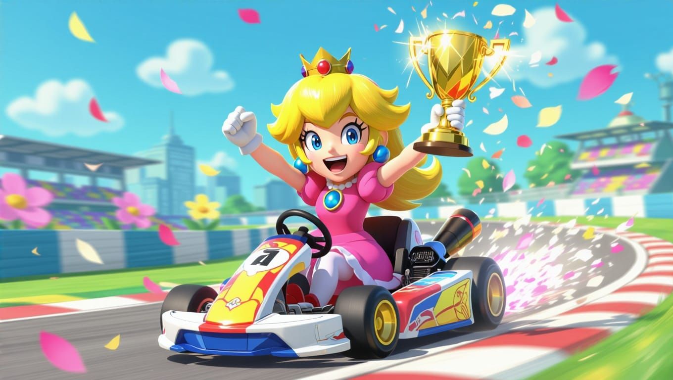 Vibrant Princess Daisy Celebrates Kart Racing Triumph