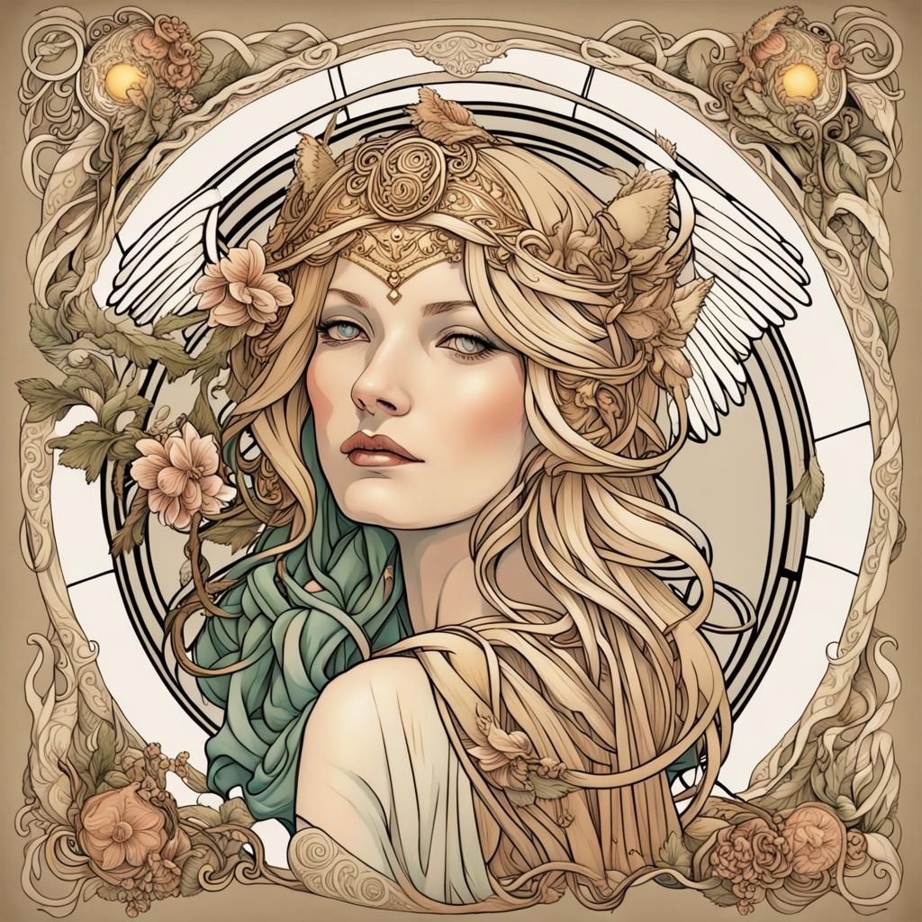 Freyja with Angel Wings in Art Nouveau Style