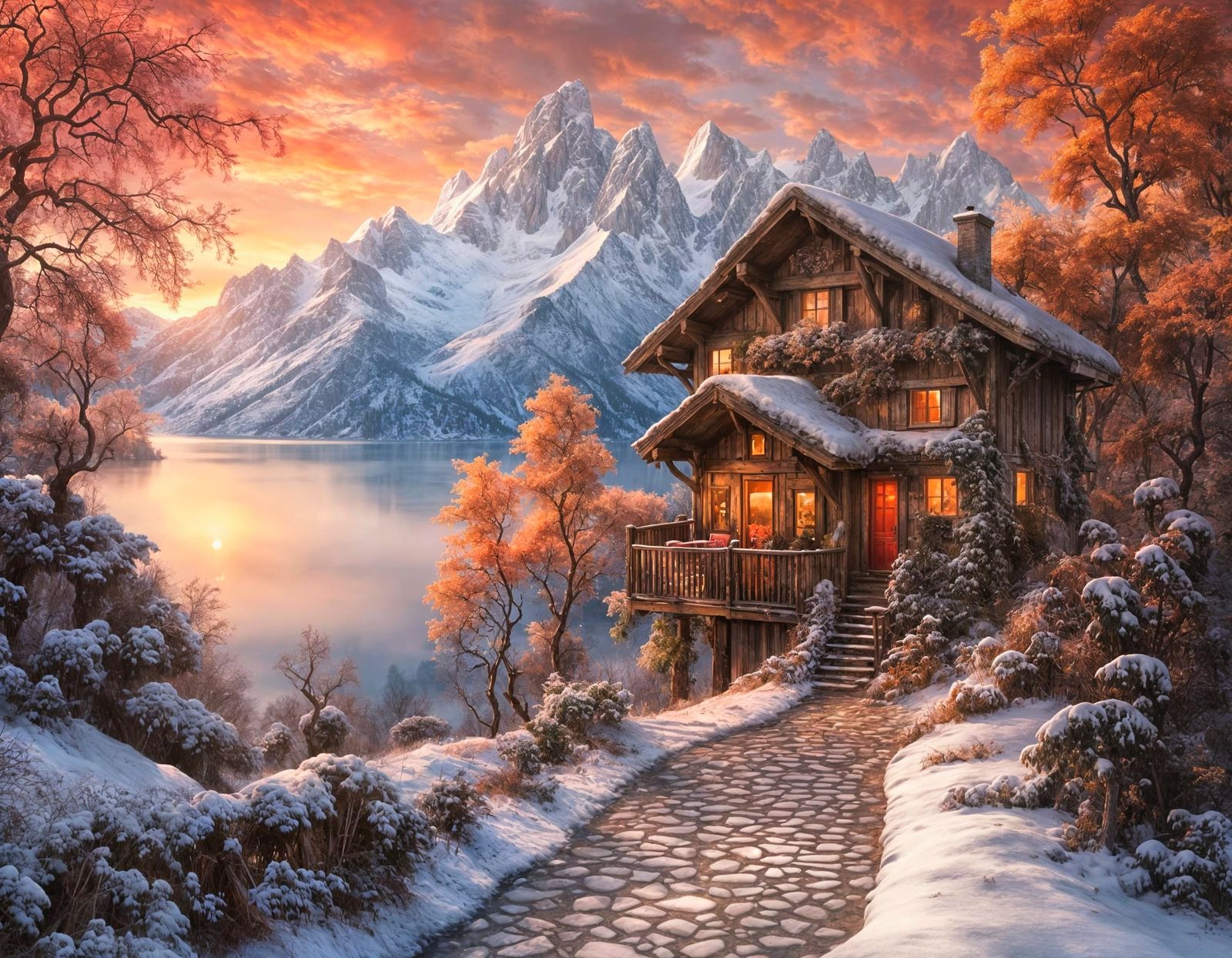 Alpine Chalet at Sunset in Luis Royo Style