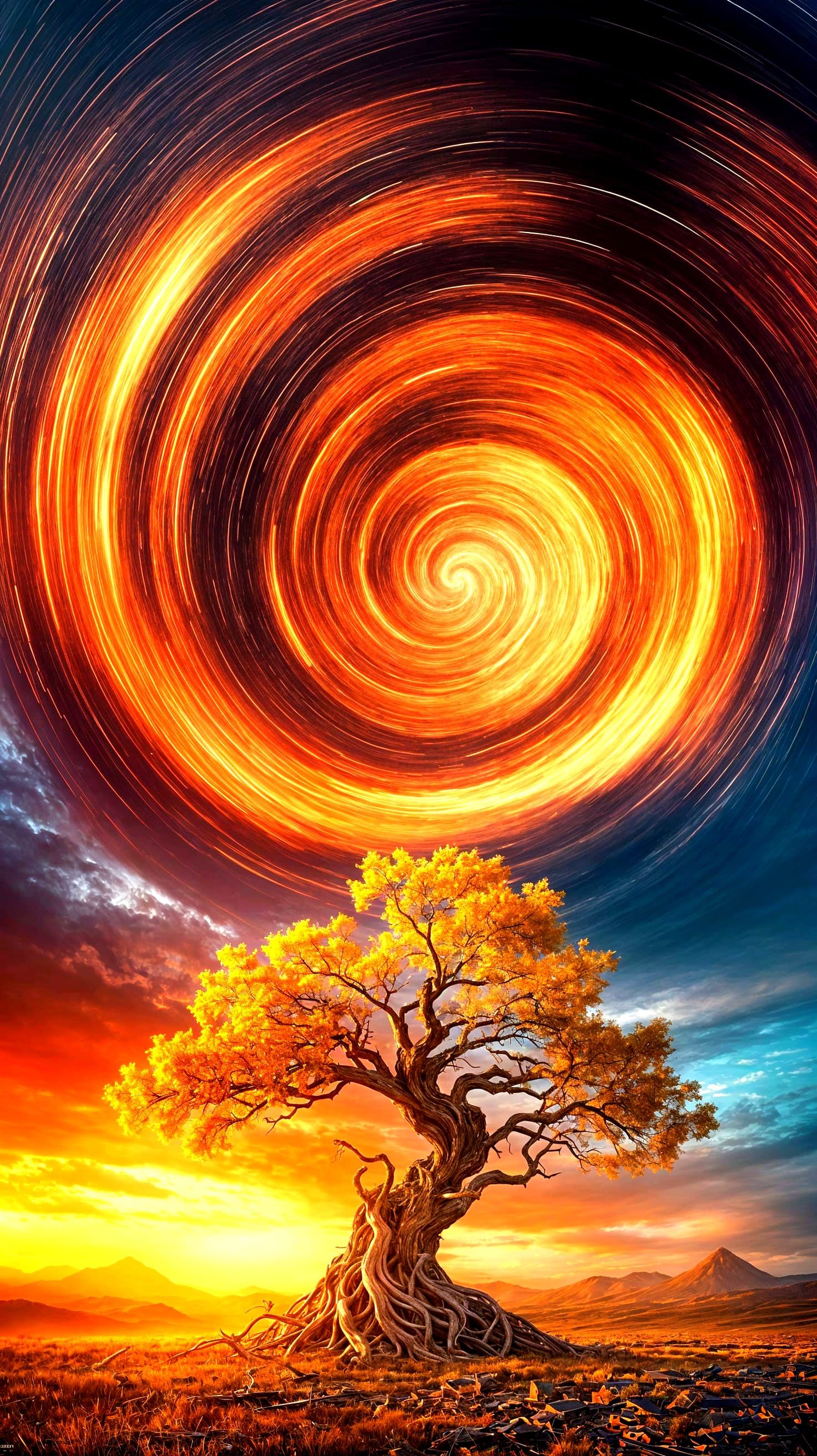 Vibrant Vortex in Sunset Sky, Hyper-Detailed Digital Art