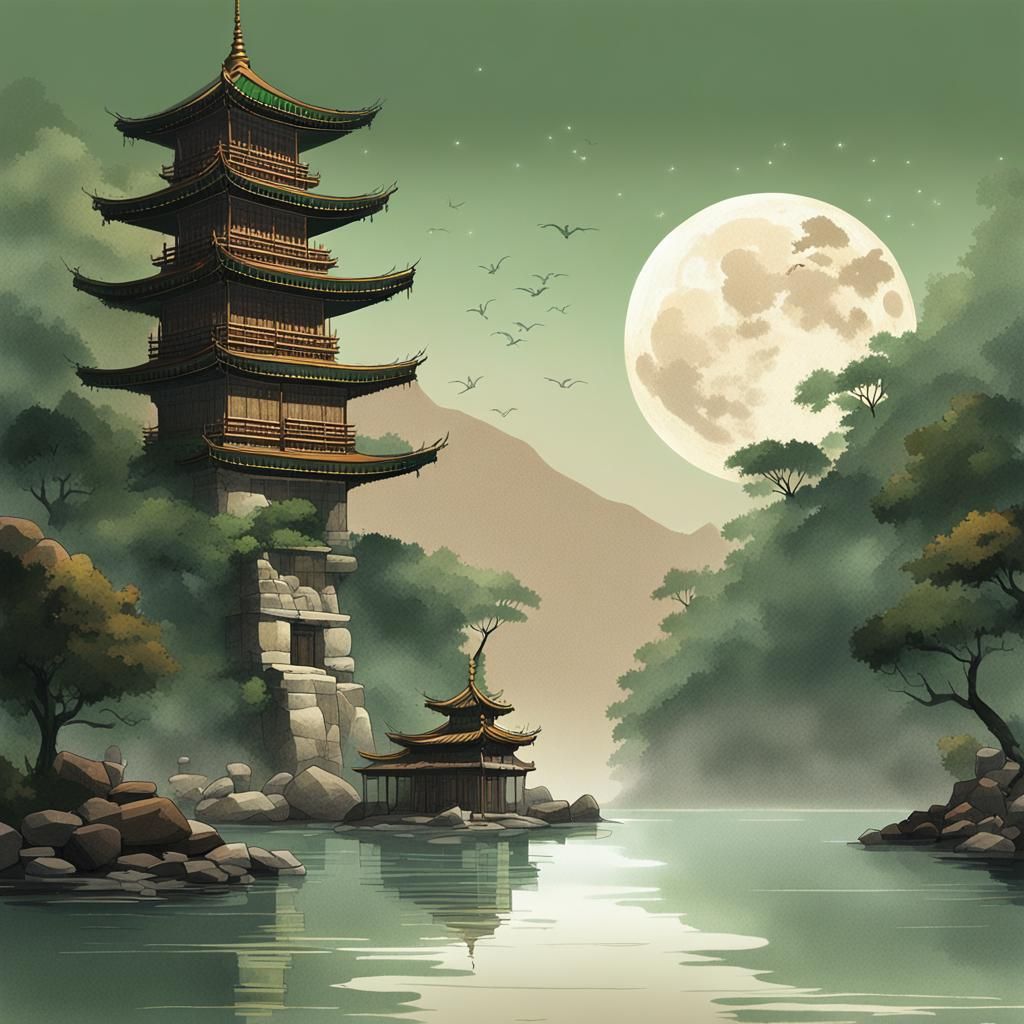 Minimalist Oriental Temple Landscape with Full Moon