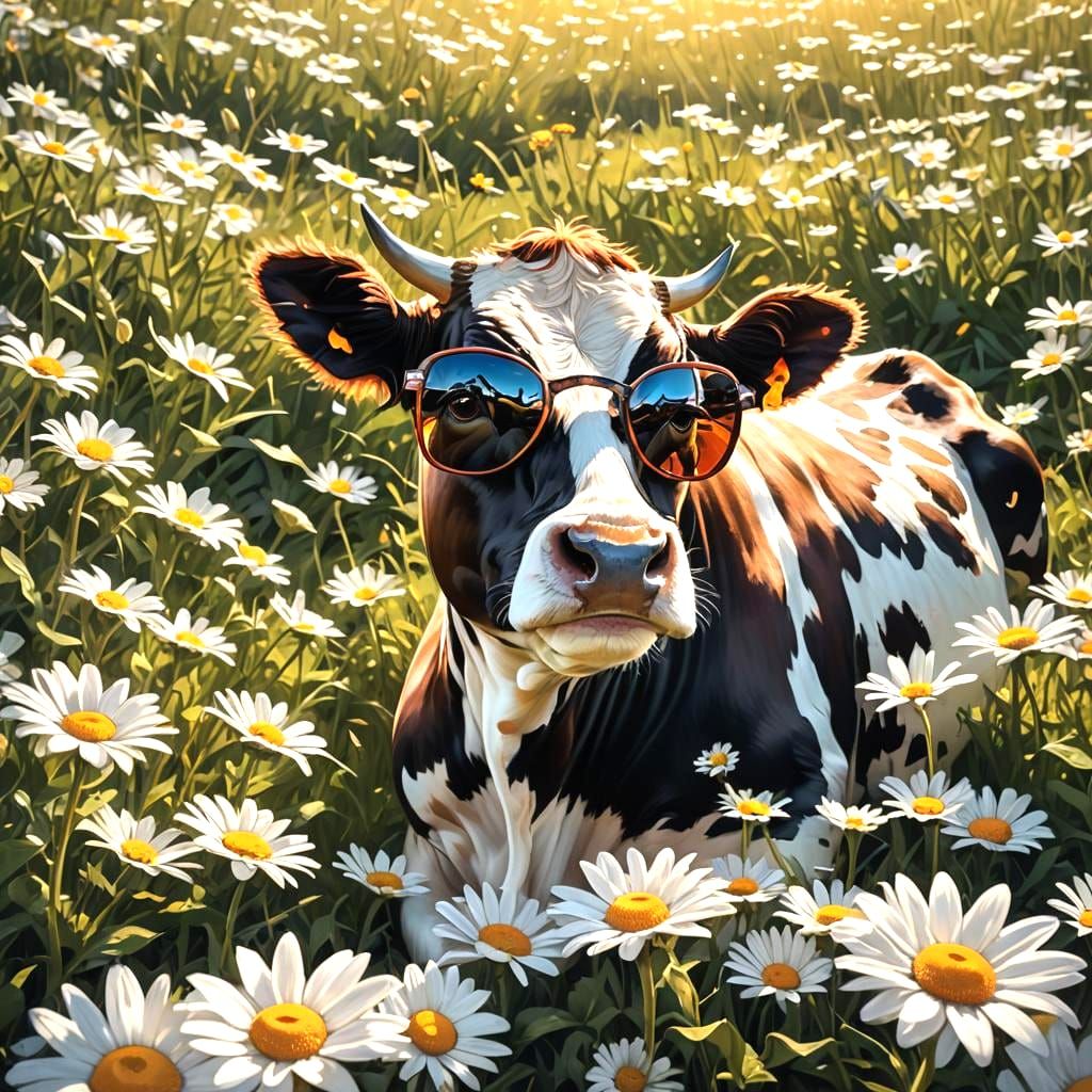 Cow in Daisies: Detailed Matte Painting