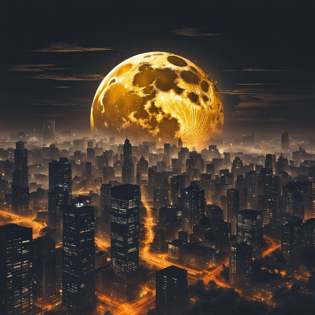 Glowing Moonlit Cityscape: Surreal Night Scene